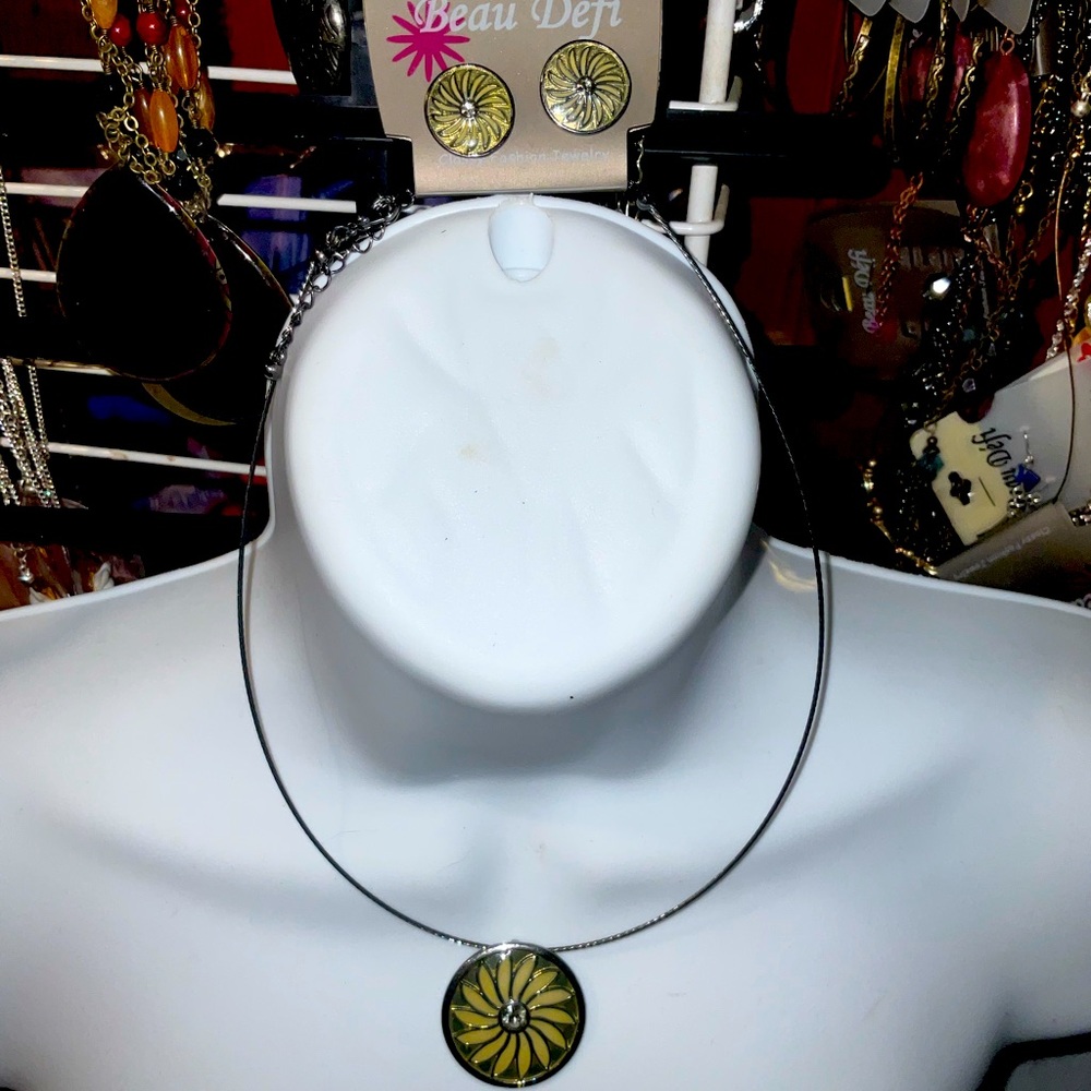 2pc BEAU DEFI OLIVE SUNFLOWER CRYSTAL CHOKER NECKLACE EARRINGS SET NOS VINT.2004
